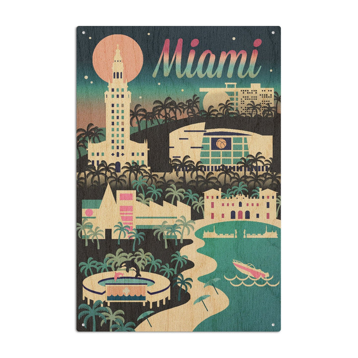 Miami, Florida, Retro Skyline Chromatic Series, Lantern Press Artwork, Wood Signs and Postcards Wood Lantern Press 10 x 15 Wood Sign 