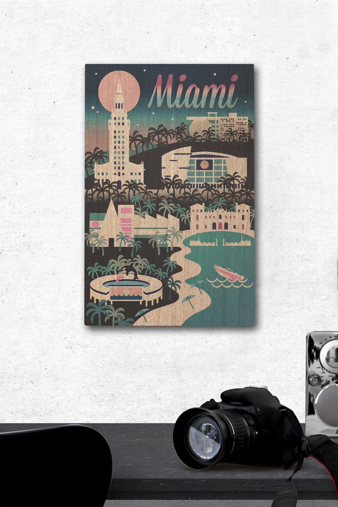 Miami, Florida, Retro Skyline Chromatic Series, Lantern Press Artwork, Wood Signs and Postcards Wood Lantern Press 12 x 18 Wood Gallery Print 