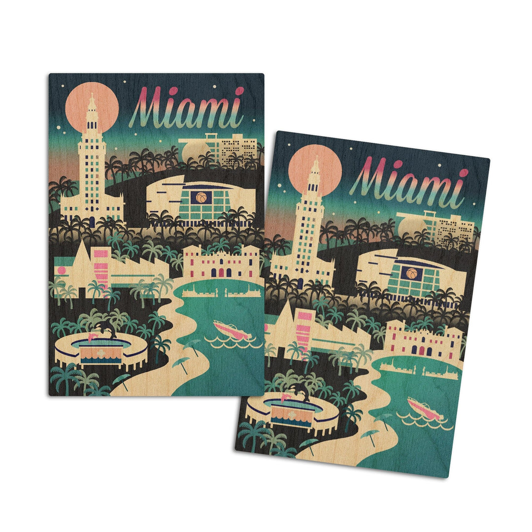 Miami, Florida, Retro Skyline Chromatic Series, Lantern Press Artwork, Wood Signs and Postcards Wood Lantern Press 4x6 Wood Postcard Set 