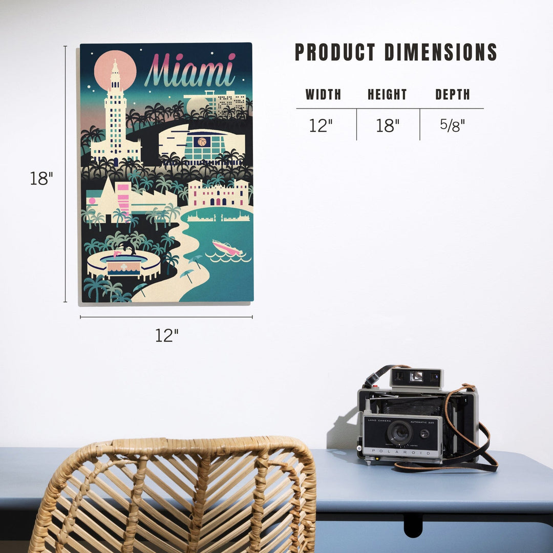 Miami, Florida, Retro Skyline Chromatic Series, Lantern Press Artwork, Wood Signs and Postcards Wood Lantern Press 