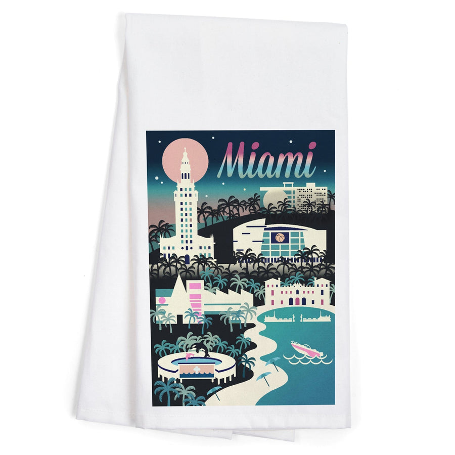 Miami, Florida, Retro Skyline Chromatic Series, Organic Cotton Kitchen Tea Towels Kitchen Lantern Press 
