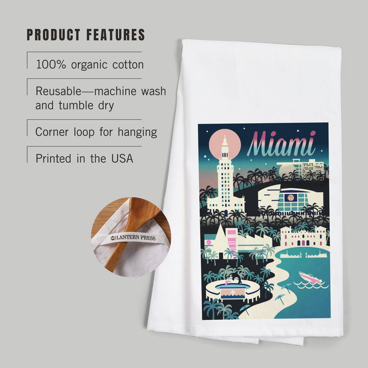 Miami, Florida, Retro Skyline Chromatic Series, Organic Cotton Kitchen Tea Towels Kitchen Lantern Press 