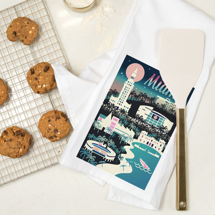 Miami, Florida, Retro Skyline Chromatic Series, Organic Cotton Kitchen Tea Towels Kitchen Lantern Press 