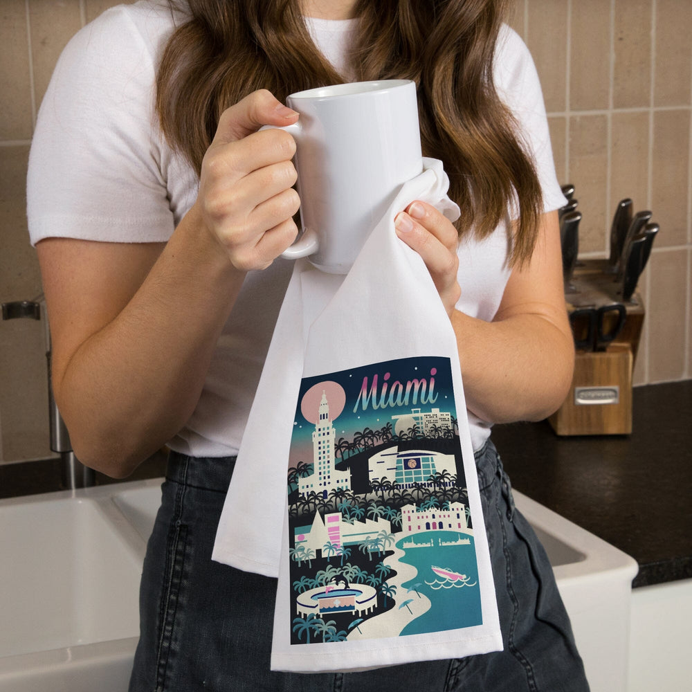 Miami, Florida, Retro Skyline Chromatic Series, Organic Cotton Kitchen Tea Towels Kitchen Lantern Press 