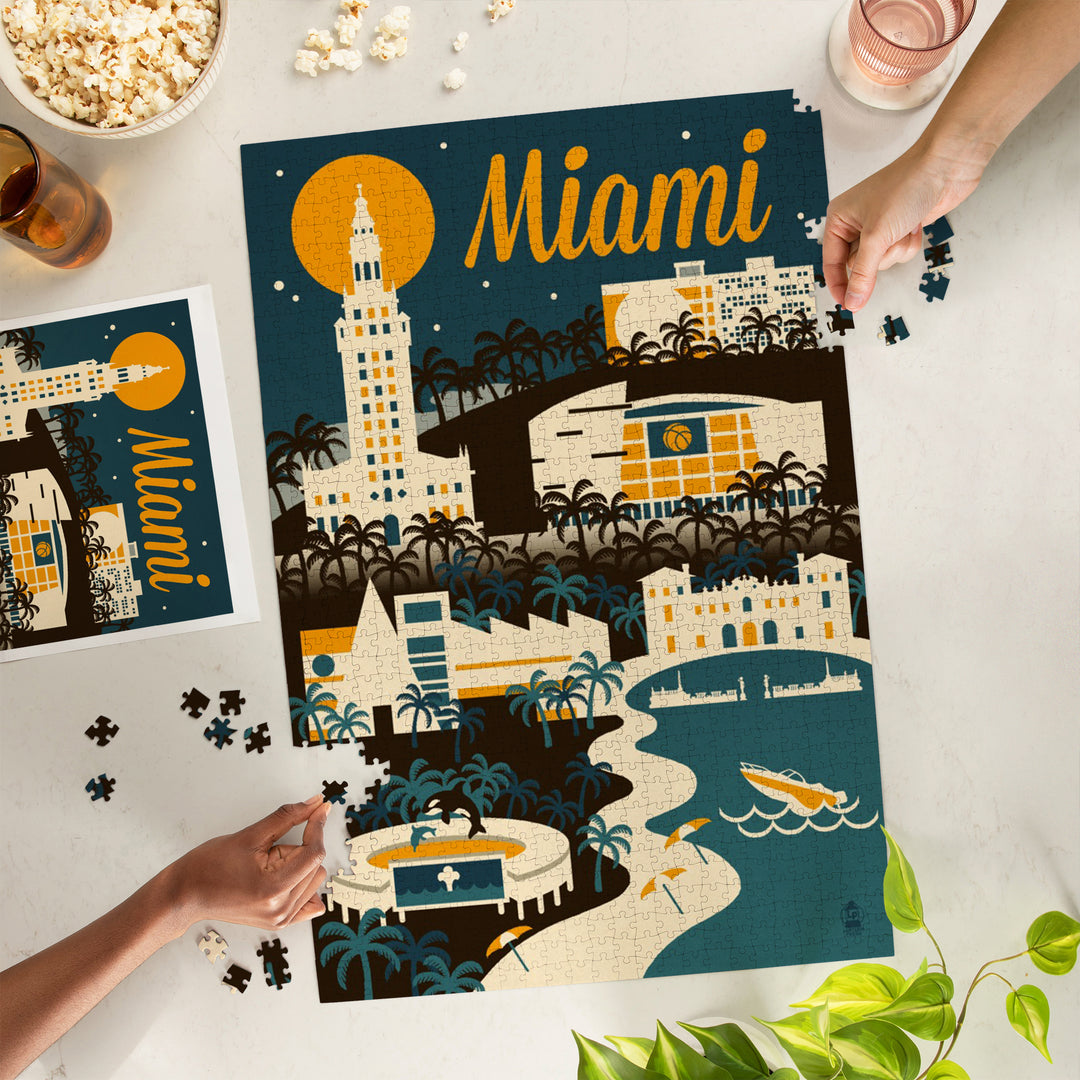 Miami, Florida, Retro Skyline, Jigsaw Puzzle Puzzle Lantern Press 