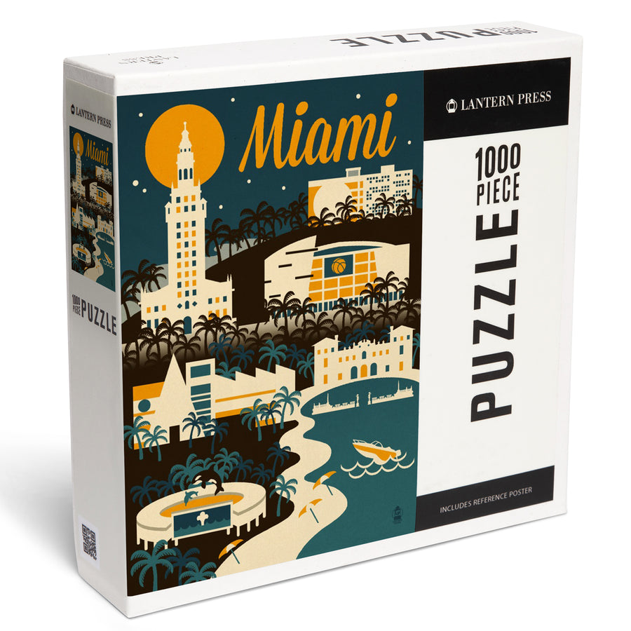 Miami, Florida, Retro Skyline, Jigsaw Puzzle Puzzle Lantern Press 