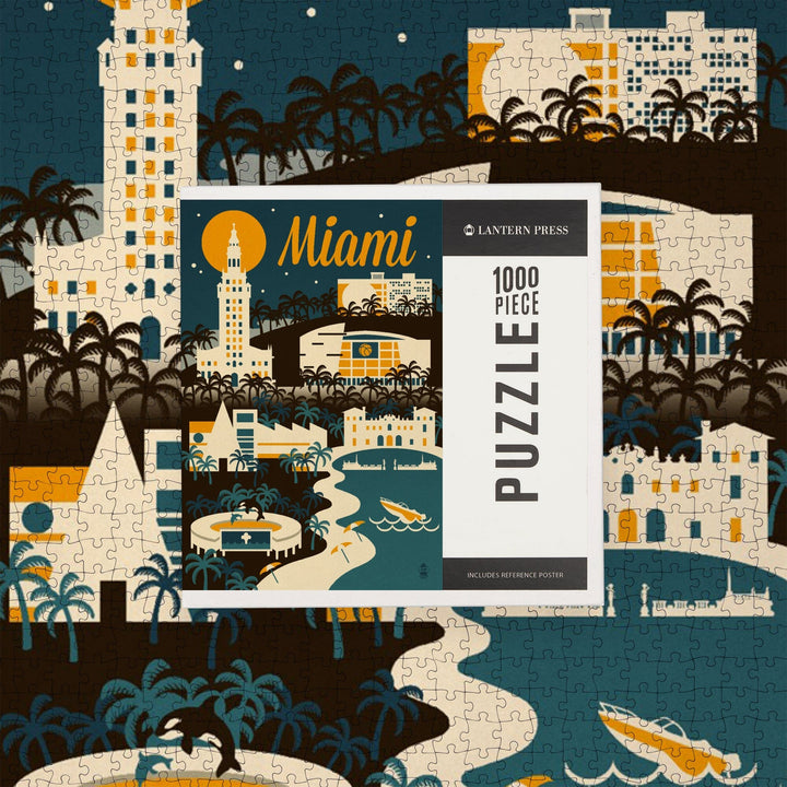 Miami, Florida, Retro Skyline, Jigsaw Puzzle Puzzle Lantern Press 