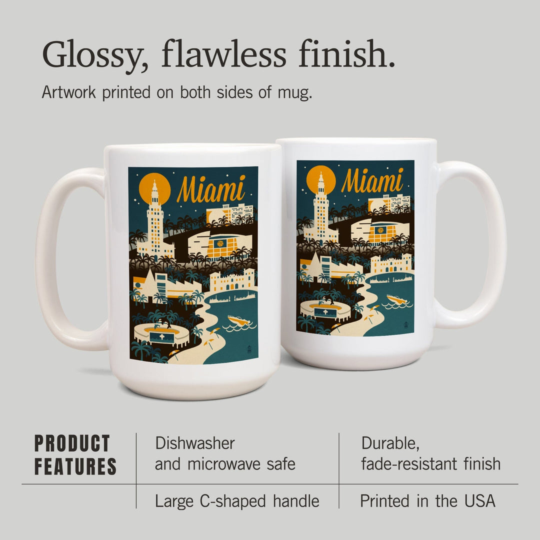 Miami, Florida, Retro Skyline, Lantern Press Artwork, Ceramic Mug Mugs Lantern Press 