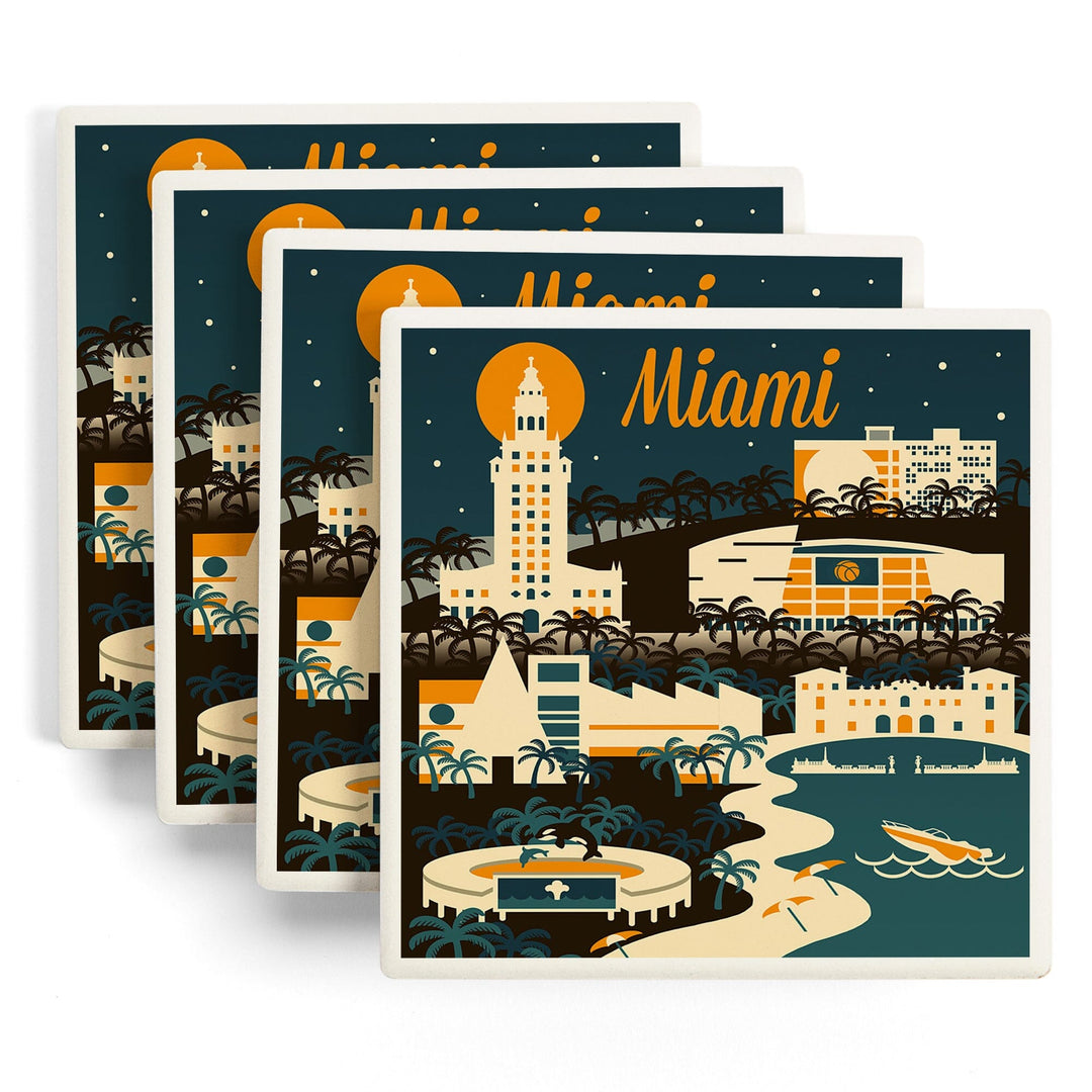 Miami, Florida, Retro Skyline, Lantern Press Artwork, Coaster Set - Lantern Press