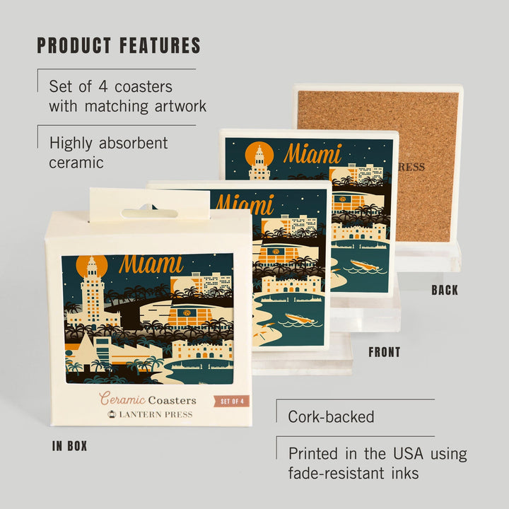 Miami, Florida, Retro Skyline, Lantern Press Artwork, Coaster Set - Lantern Press