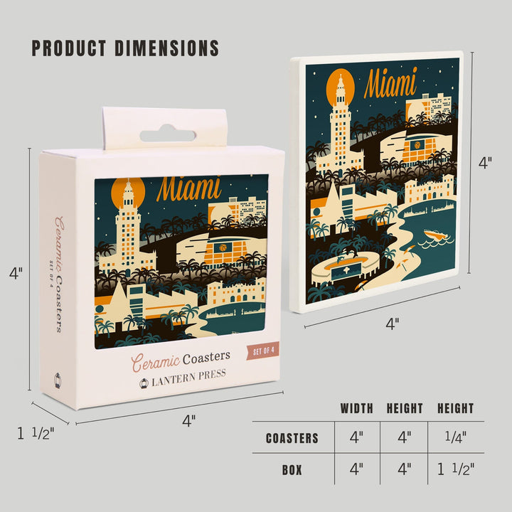 Miami, Florida, Retro Skyline, Lantern Press Artwork, Coaster Set - Lantern Press