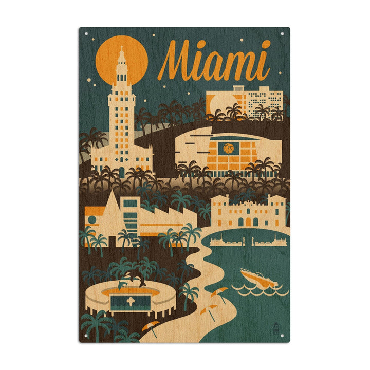 Miami, Florida, Retro Skyline, Lantern Press Artwork, Wood Signs and Postcards Wood Lantern Press 10 x 15 Wood Sign 