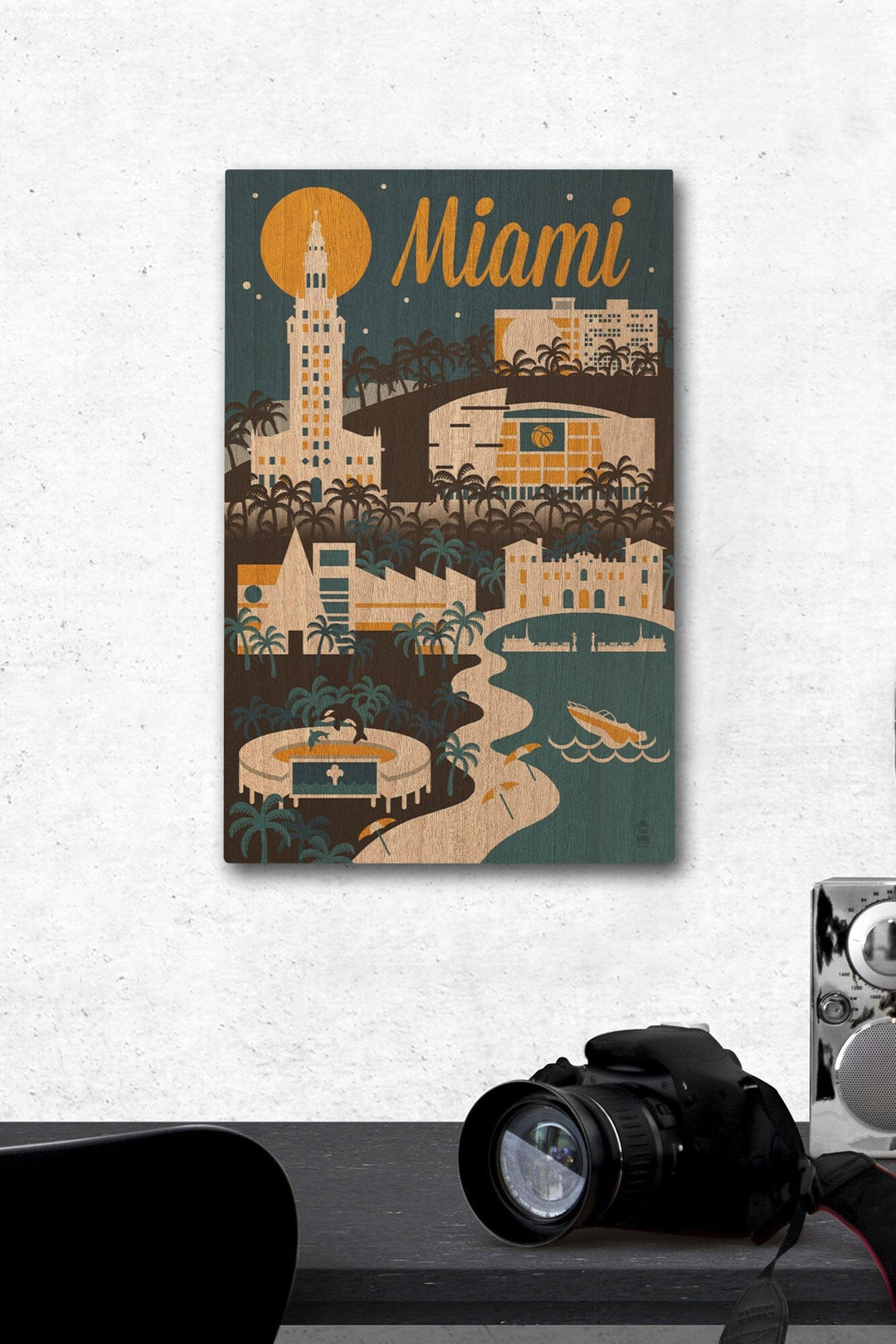 Miami, Florida, Retro Skyline, Lantern Press Artwork, Wood Signs and Postcards Wood Lantern Press 12 x 18 Wood Gallery Print 