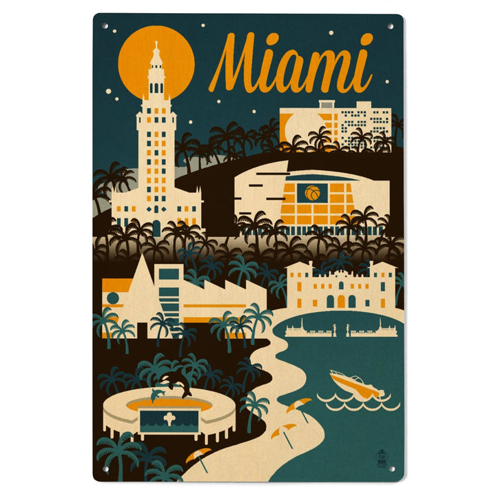Miami, Florida, Retro Skyline, Lantern Press Artwork, Wood Signs and Postcards Wood Lantern Press 