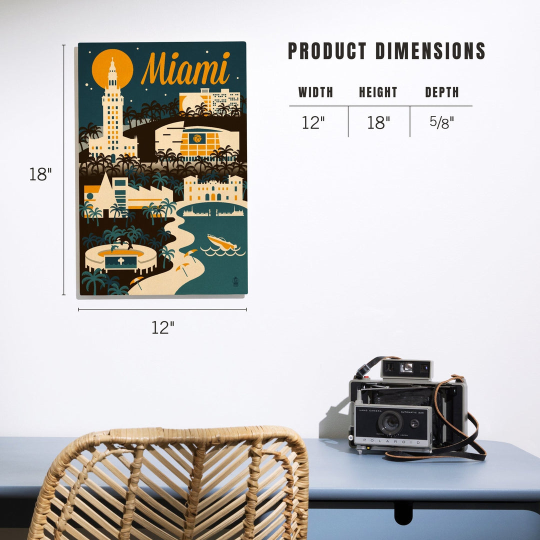 Miami, Florida, Retro Skyline, Lantern Press Artwork, Wood Signs and Postcards Wood Lantern Press 