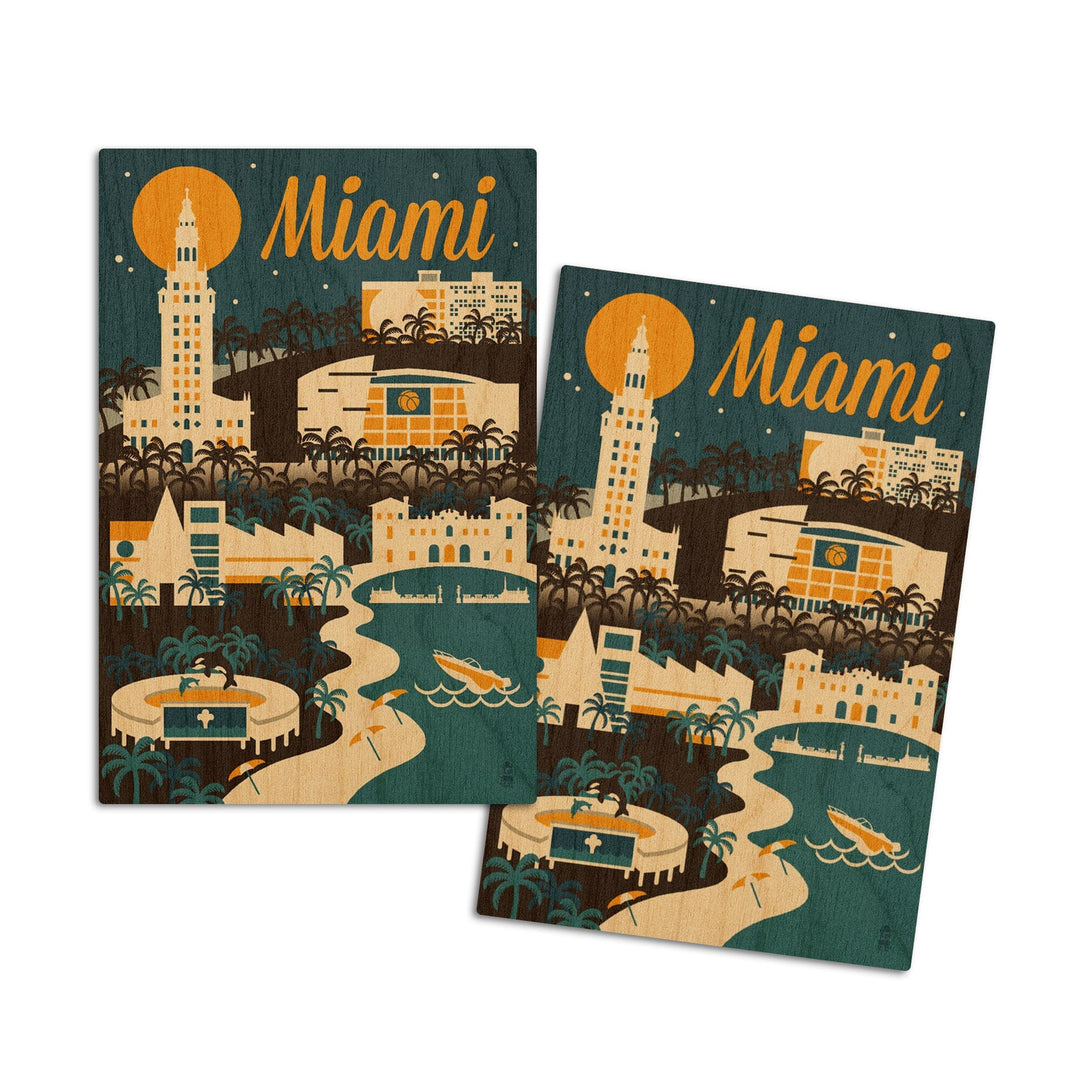 Miami, Florida, Retro Skyline, Lantern Press Artwork, Wood Signs and Postcards Wood Lantern Press 4x6 Wood Postcard Set 