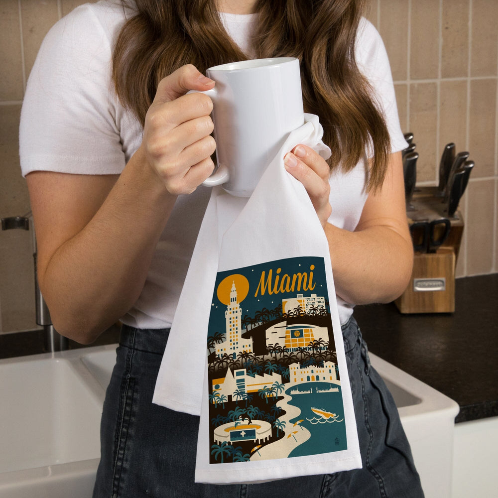 Miami, Florida, Retro Skyline, Organic Cotton Kitchen Tea Towels Kitchen Lantern Press 