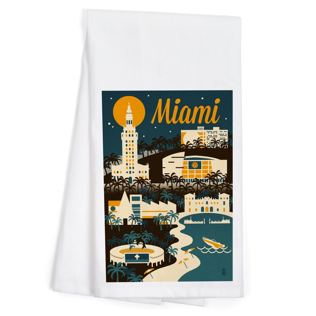 Miami, Florida, Retro Skyline, Organic Cotton Kitchen Tea Towels Kitchen Lantern Press 