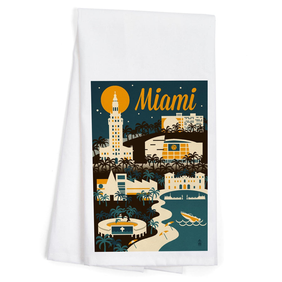 Miami, Florida, Retro Skyline, Organic Cotton Kitchen Tea Towels Kitchen Lantern Press 