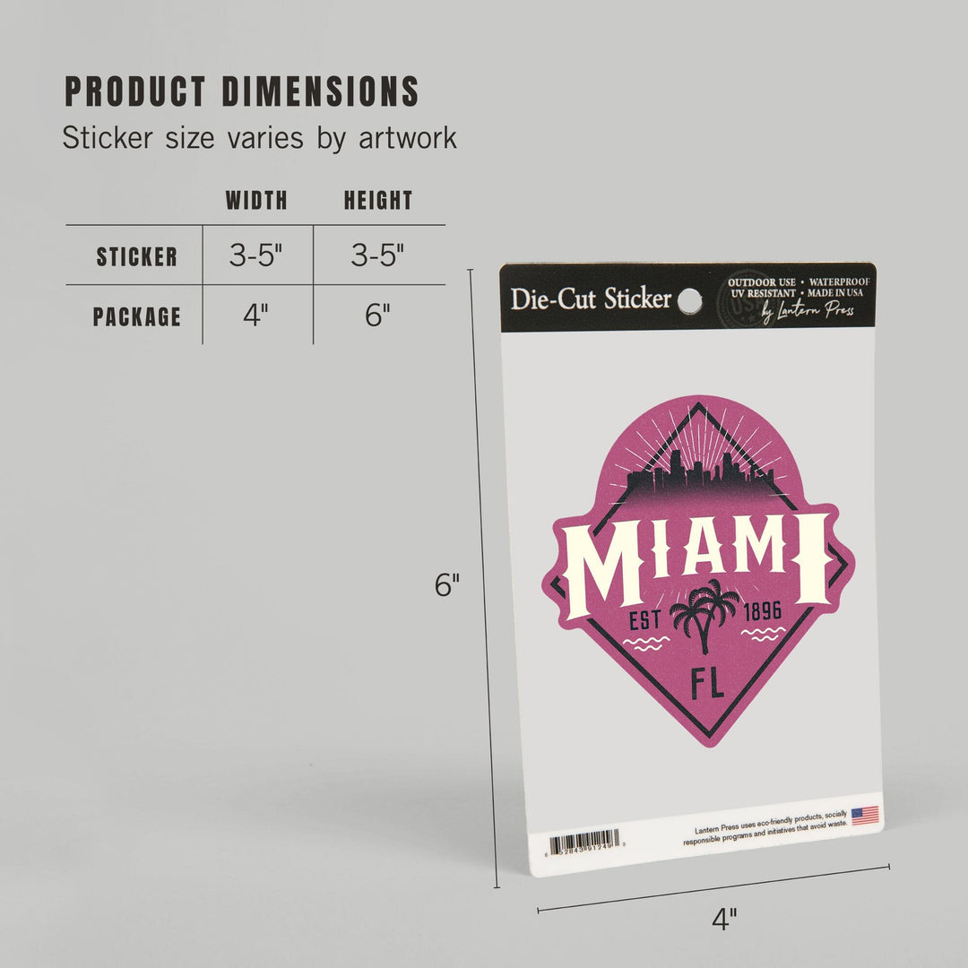 Miami, Florida, Skyline, Pink, Contour, Vinyl Sticker Sticker Lantern Press 