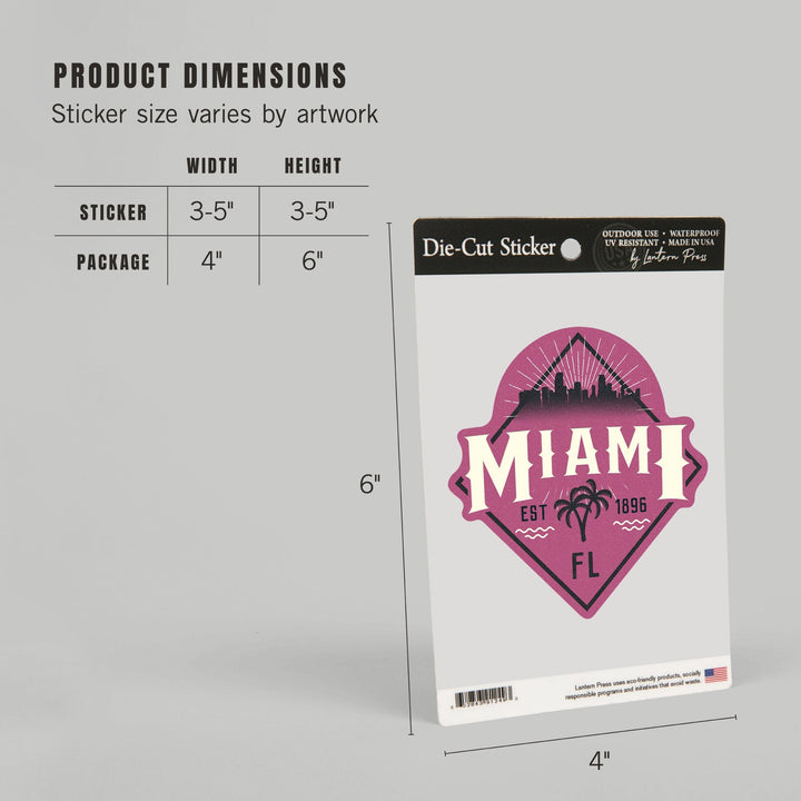 Miami, Florida, Skyline, Pink, Contour, Vinyl Sticker Sticker Lantern Press 