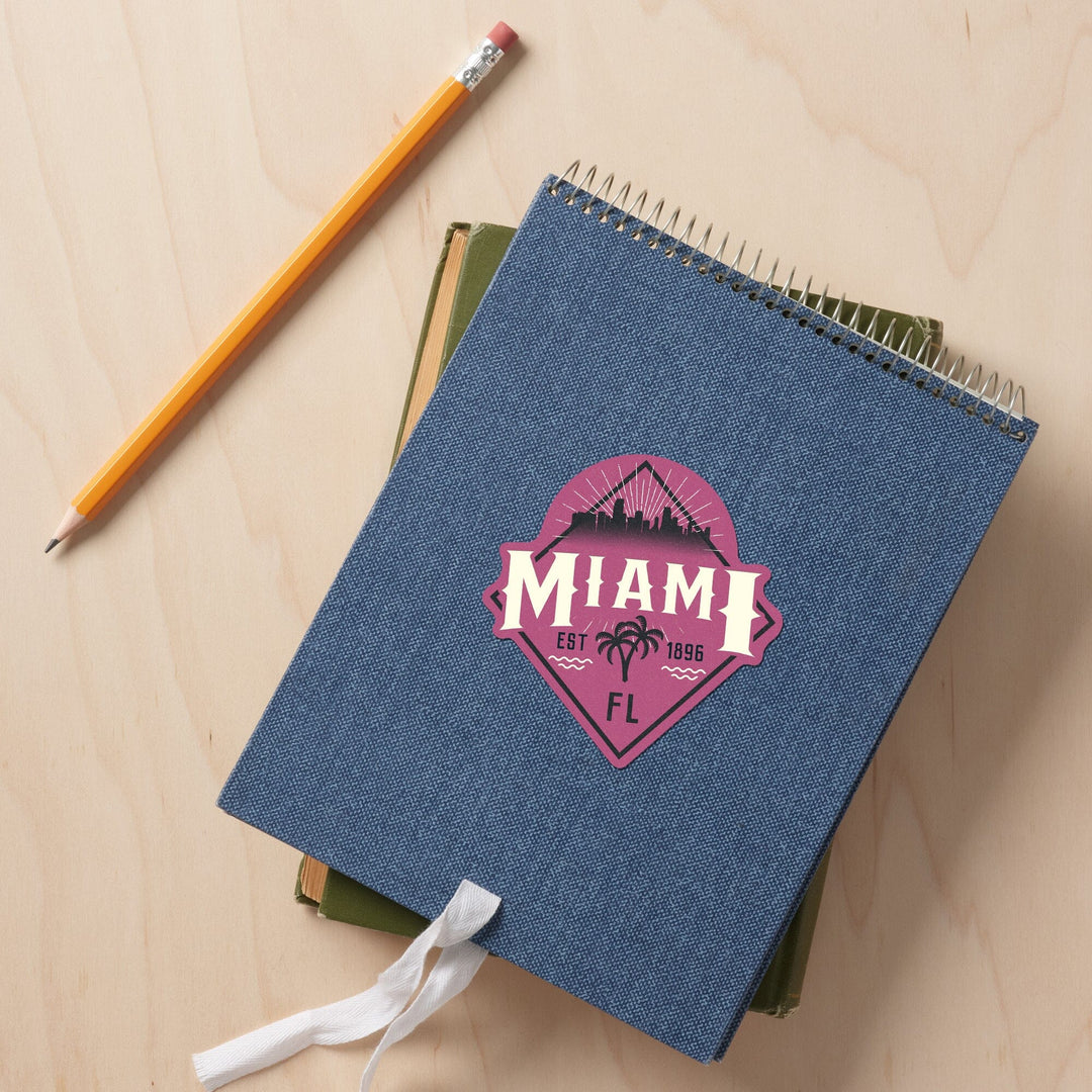 Miami, Florida, Skyline, Pink, Contour, Vinyl Sticker Sticker Lantern Press 