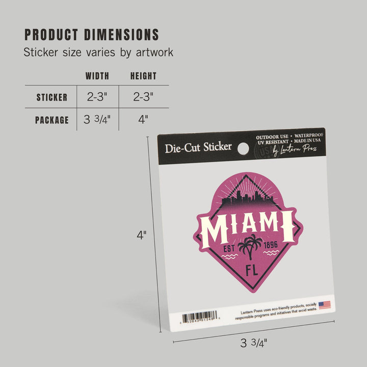 Miami, Florida, Skyline, Pink, Contour, Vinyl Sticker Sticker Lantern Press 