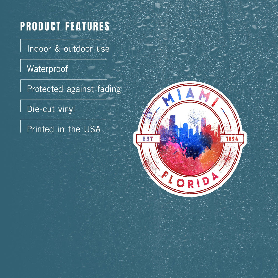 Miami, Florida, Skyline, Watercolor, Contour, Vinyl Sticker Sticker Lantern Press 