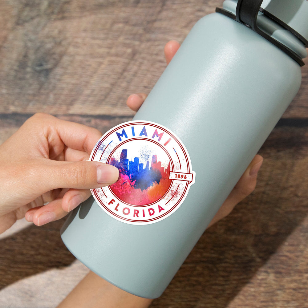 Miami, Florida, Skyline, Watercolor, Contour, Vinyl Sticker Sticker Lantern Press 