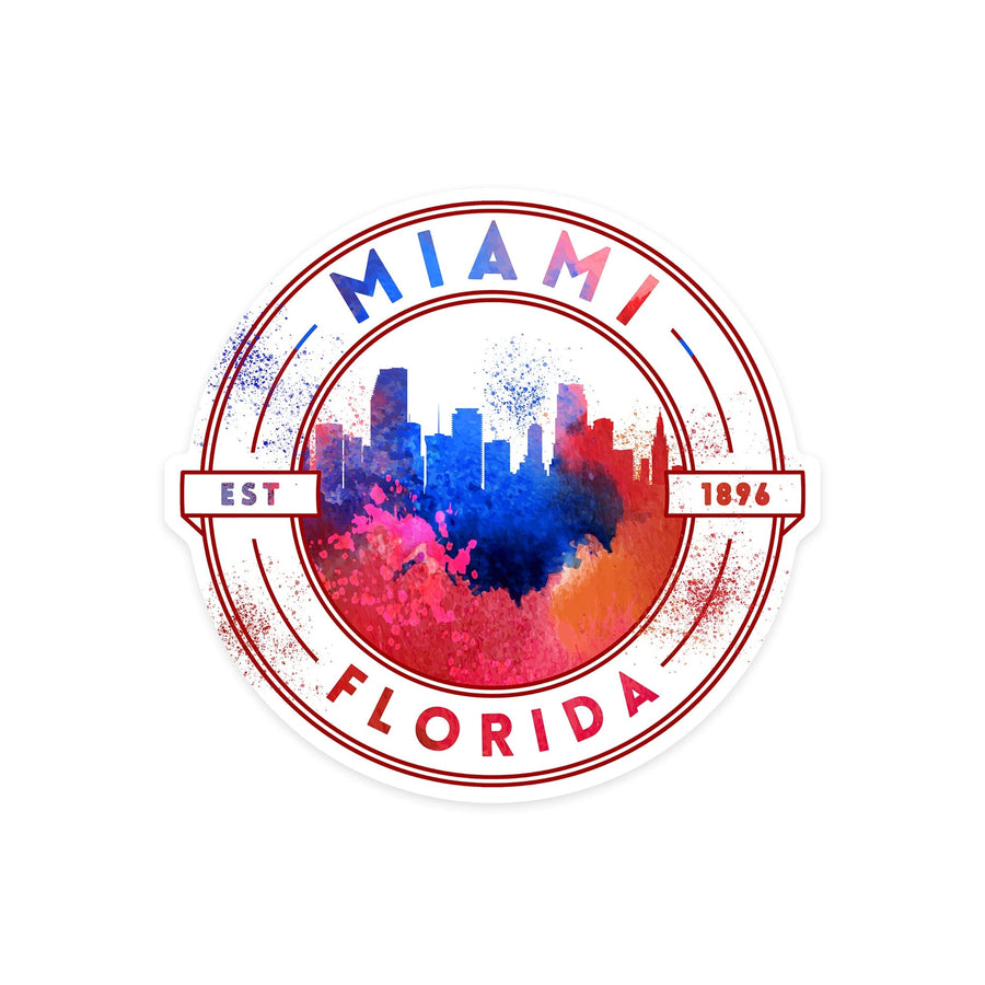 Miami, Florida, Skyline, Watercolor, Contour, Vinyl Sticker Sticker Lantern Press 