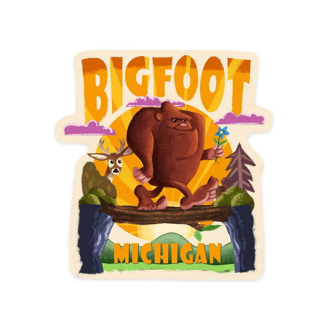 Michigan, Bigfoot, Mid-Century Inspired, Contour, Vinyl Sticker - Lantern Press