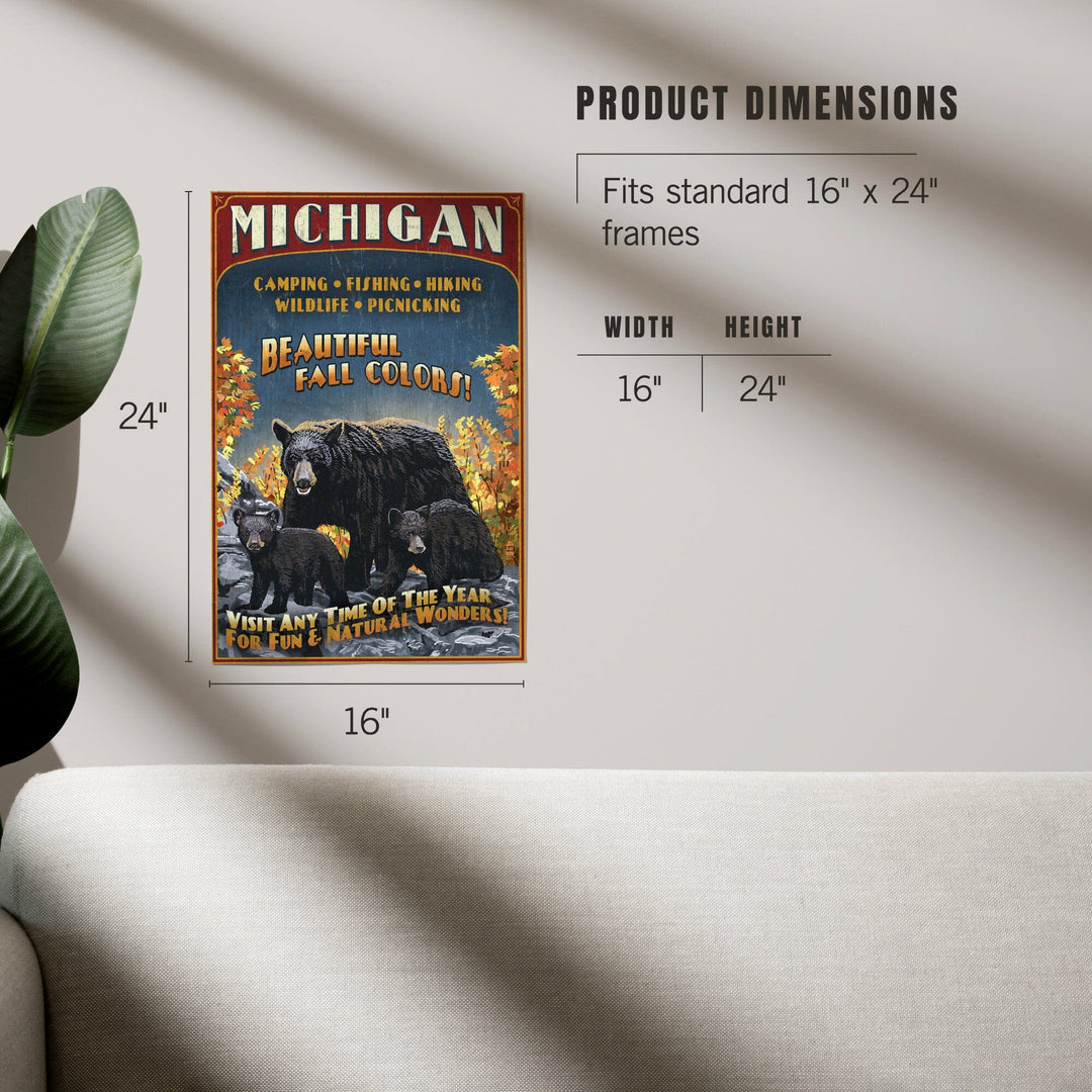 Michigan, Black Bears and Fall Colors Vintage Sign, Art & Giclee Prints Art Lantern Press 