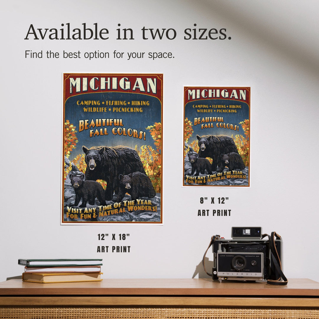 Michigan, Black Bears and Fall Colors Vintage Sign, Art & Giclee Prints Art Lantern Press 