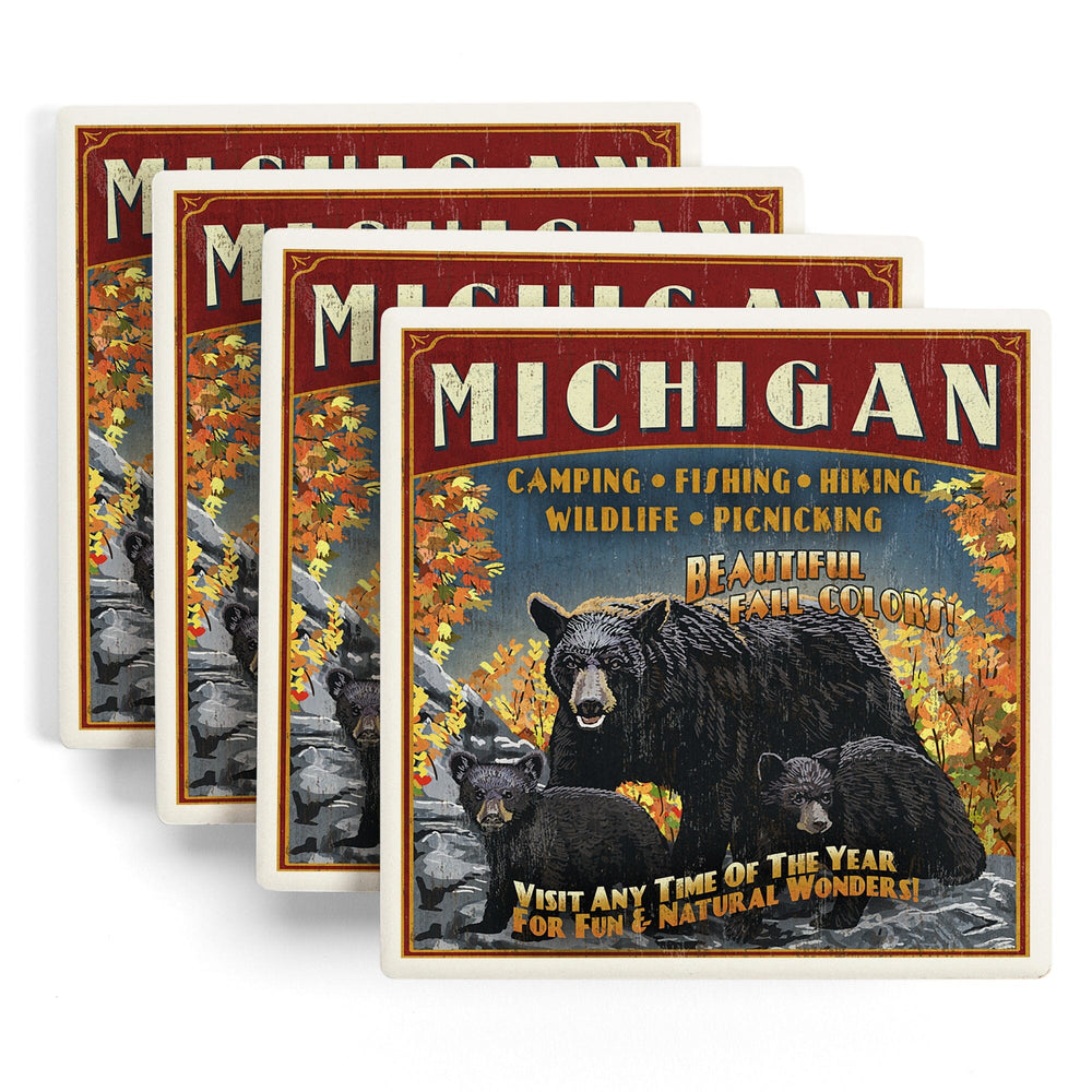Michigan, Black Bears and Fall Colors Vintage Sign, Coasters Coasters Lantern Press 