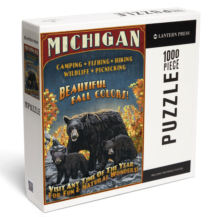 Michigan, Black Bears and Fall Colors Vintage Sign, Jigsaw Puzzle Puzzle Lantern Press 