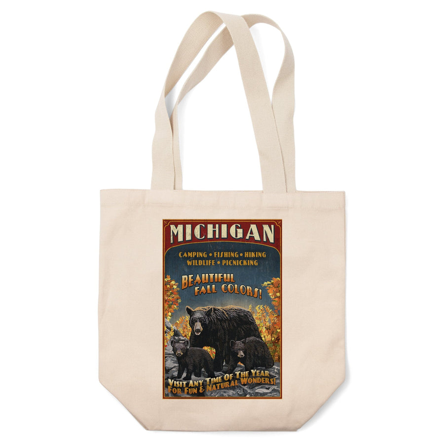 Michigan, Black Bears and Fall Colors Vintage Sign, Tote Bag Totes Lantern Press 