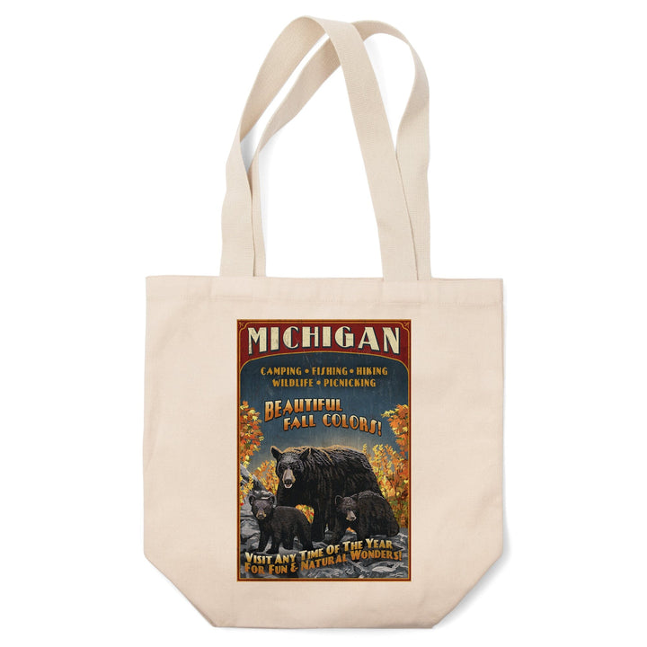 Michigan, Black Bears & Fall Colors Vintage Sign, Lantern Press Artwork, Tote Bag Totes Lantern Press 