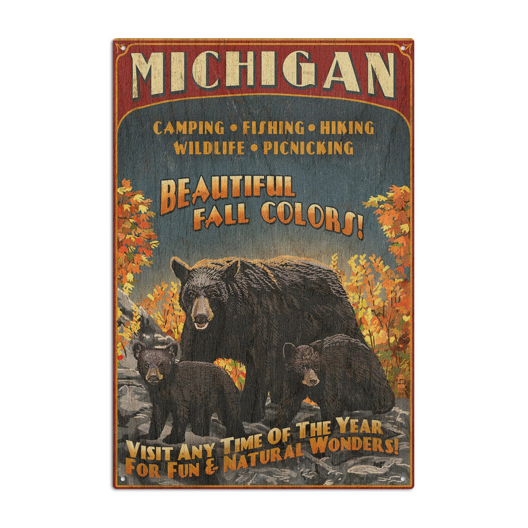 Michigan, Black Bears & Fall Colors Vintage Sign, Lantern Press Artwork, Wood Signs and Postcards Wood Lantern Press 10 x 15 Wood Sign 