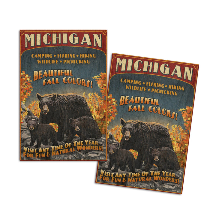 Michigan, Black Bears & Fall Colors Vintage Sign, Lantern Press Artwork, Wood Signs and Postcards Wood Lantern Press 4x6 Wood Postcard Set 