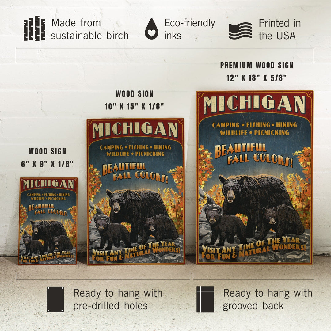 Michigan, Black Bears & Fall Colors Vintage Sign, Lantern Press Artwork, Wood Signs and Postcards Wood Lantern Press 