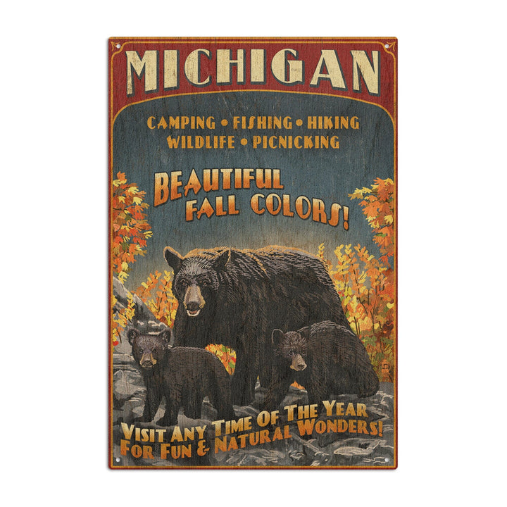 Michigan, Black Bears & Fall Colors Vintage Sign, Lantern Press Artwork, Wood Signs and Postcards Wood Lantern Press 6x9 Wood Sign 