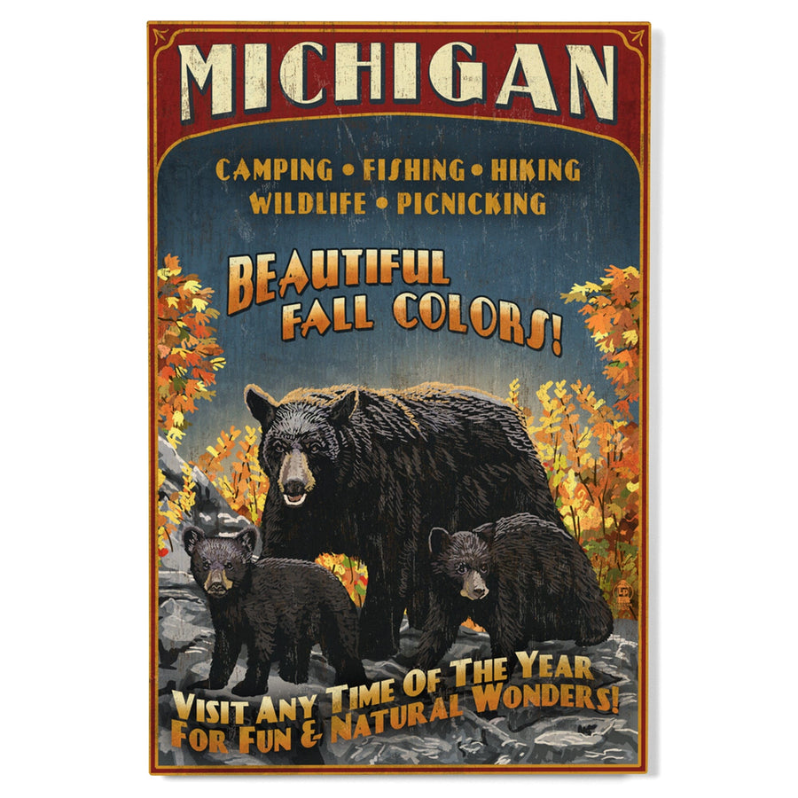 Michigan, Black Bears & Fall Colors Vintage Sign, Lantern Press Artwork, Wood Signs and Postcards Wood Lantern Press 