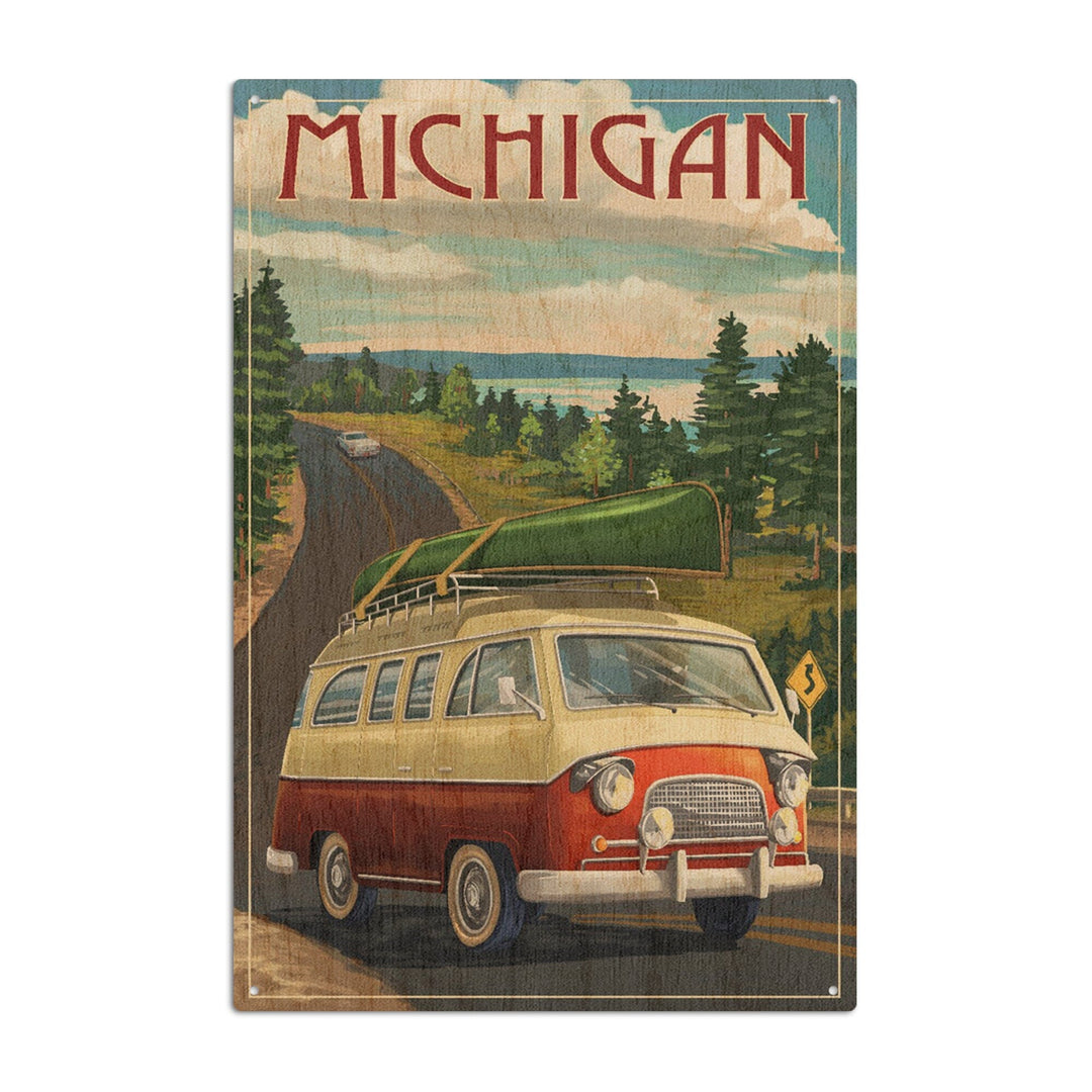 Michigan, Camper Van, Lantern Press Artwork, Wood Signs and Postcards Wood Lantern Press 10 x 15 Wood Sign 