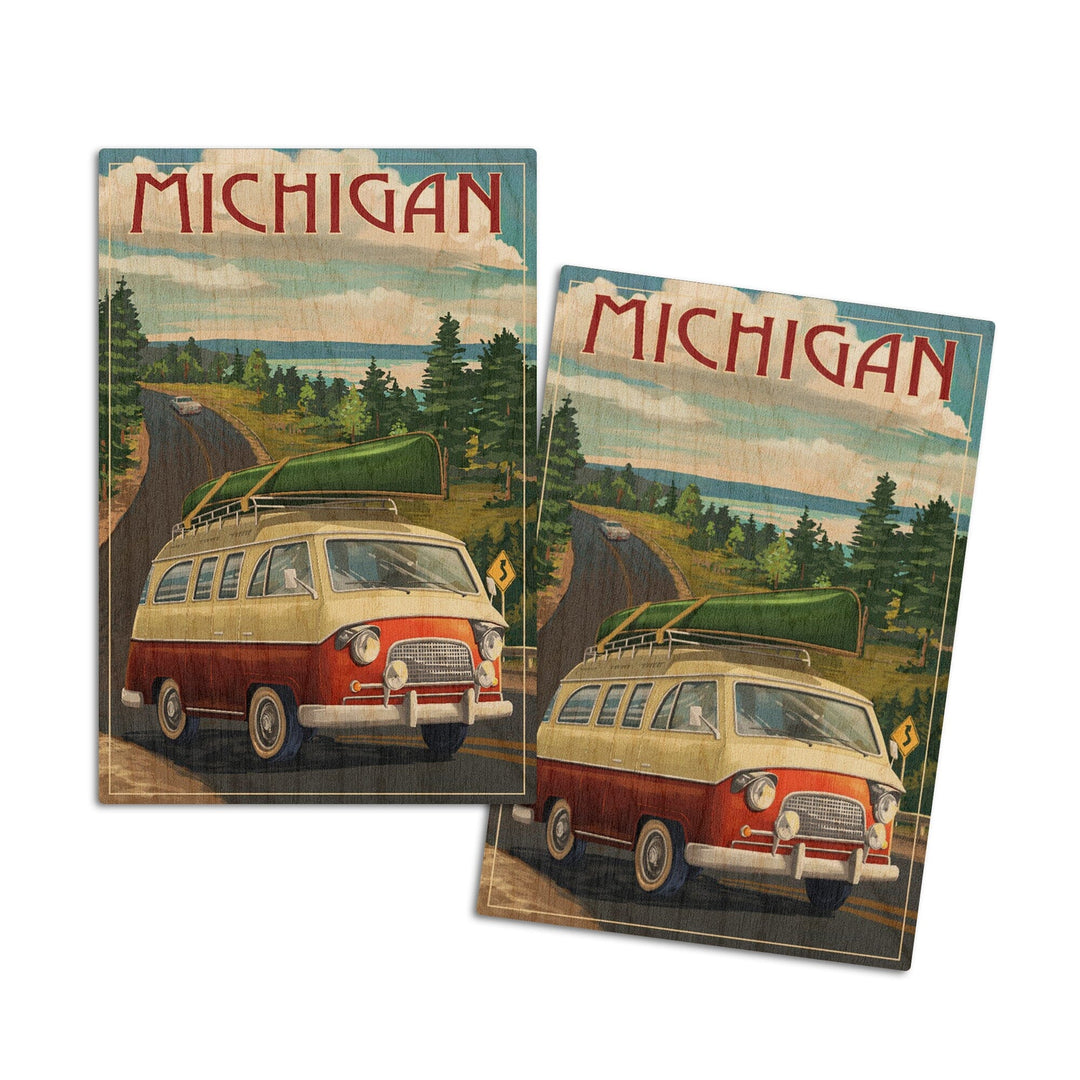 Michigan, Camper Van, Lantern Press Artwork, Wood Signs and Postcards Wood Lantern Press 4x6 Wood Postcard Set 