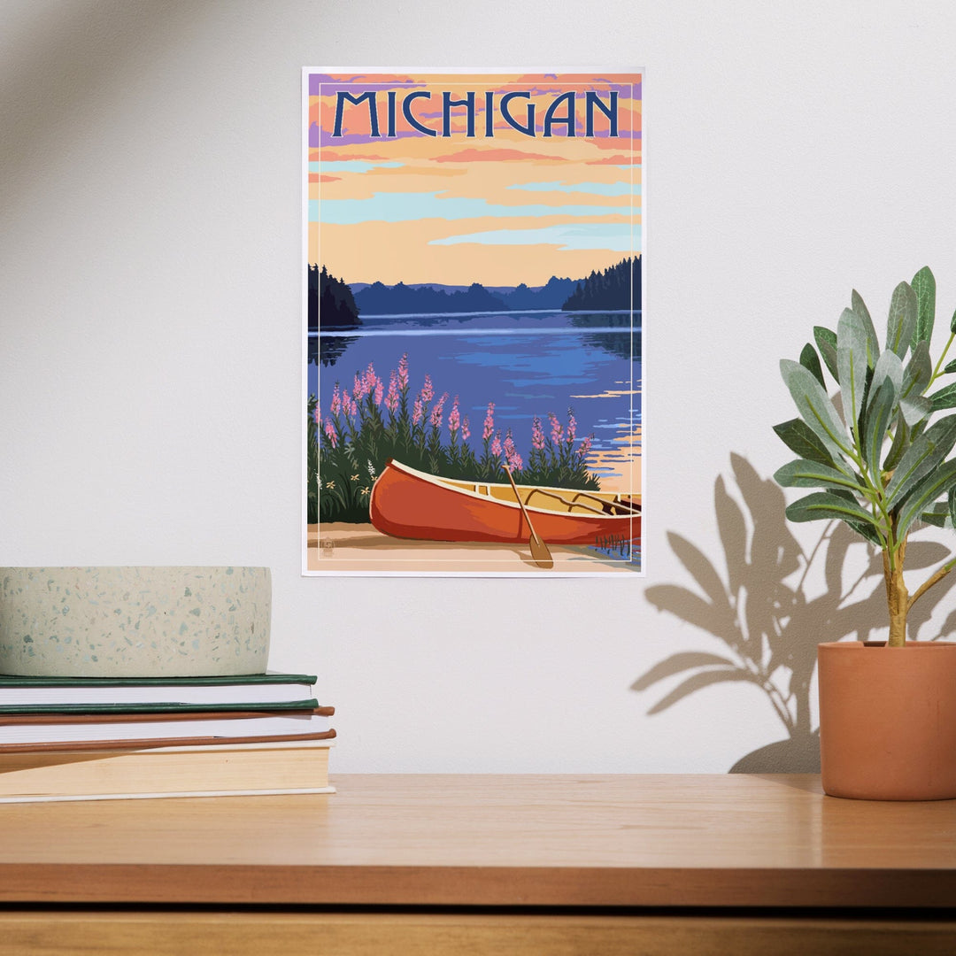 Michigan, Canoe and Lake, Art & Giclee Prints Art Lantern Press 