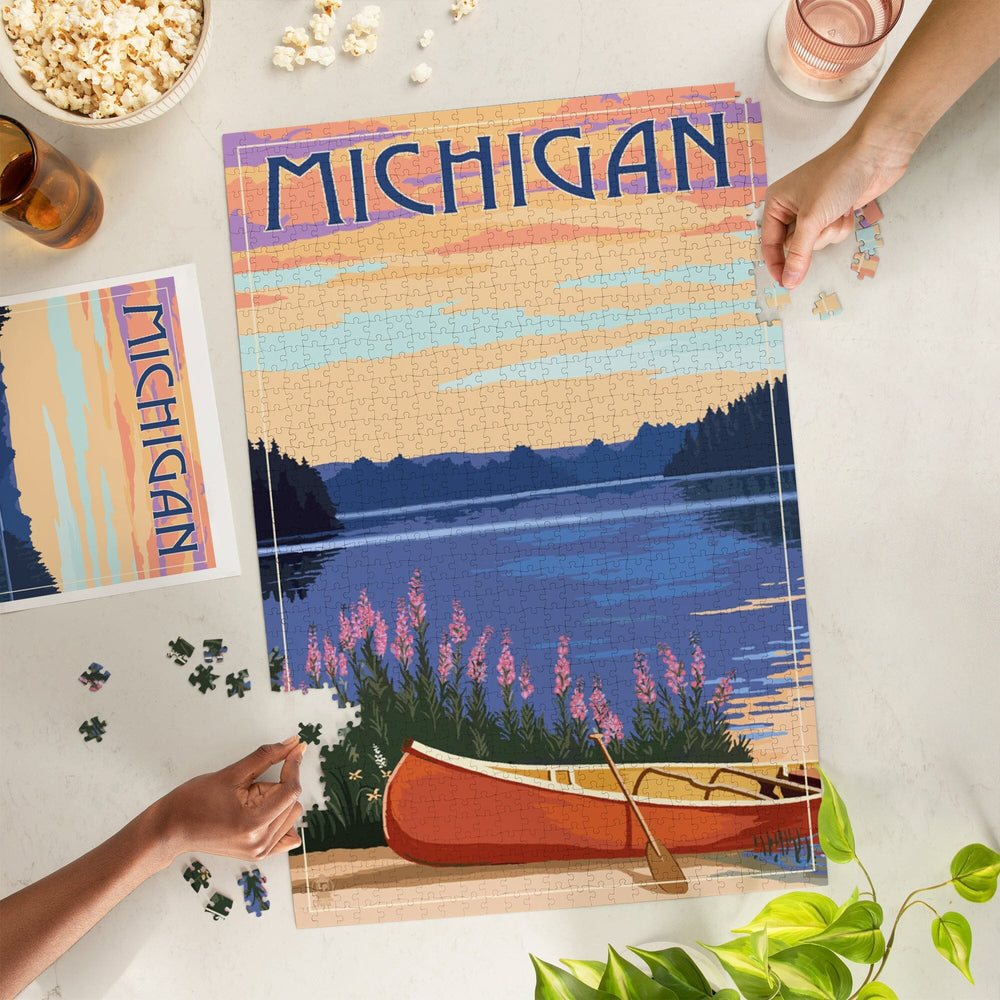 Michigan, Canoe and Lake, Jigsaw Puzzle Puzzle Lantern Press 