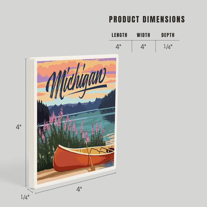 Michigan, Canoe and Lake Scene, Coasters Coasters Lantern Press 