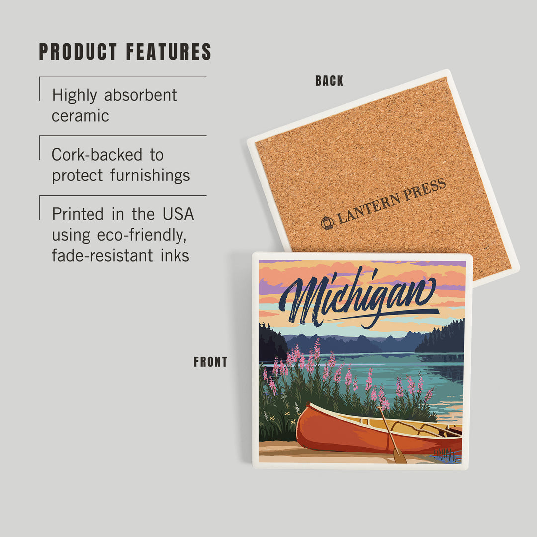Michigan, Canoe and Lake Scene, Coasters Coasters Lantern Press 