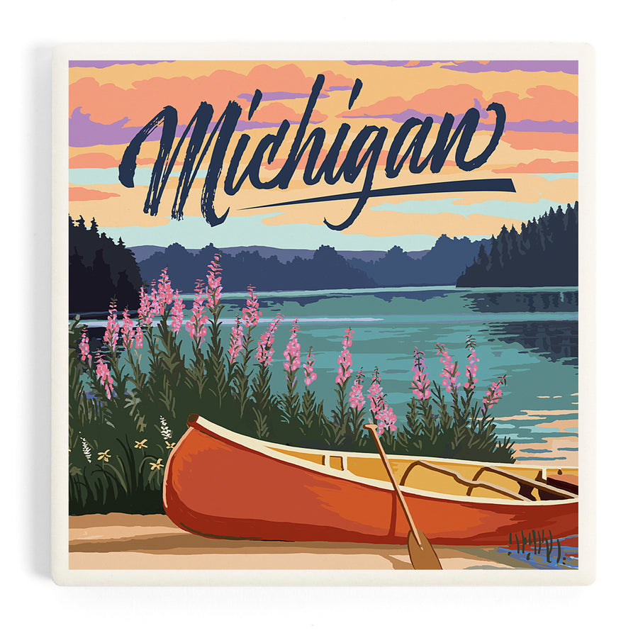 Michigan, Canoe and Lake Scene, Coasters Coasters Lantern Press 