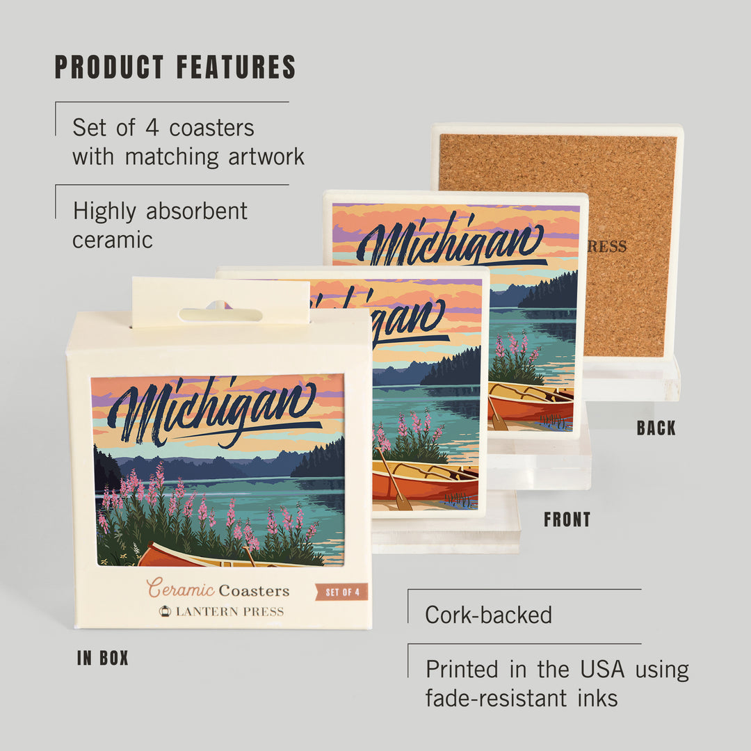 Michigan, Canoe and Lake Scene, Coasters Coasters Lantern Press 